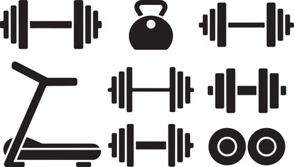 Black-and-White Fitness Icon Collection Featuring Large Central Barbell Surrounded by Smaller Barbells and Various Sized Kettlebells