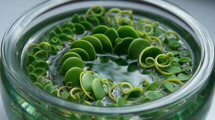 Close-up of vibrant green plant leaves in a circular arrangement in glass.