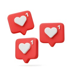 Three red social media notification bubbles with white hearts and number one