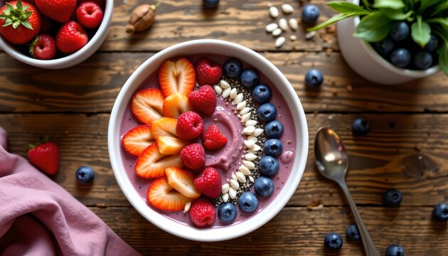 a vibrant display of breakfast foods arranged on a wooden table. dominating the center is a white bowl filled with fresh fruit and granola