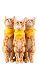 Three Orange Tabby Cats Yellow Bandanas A Row Isolate