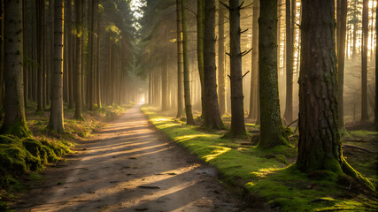 Fototapeta premium A serene dirt road in a forest, illuminated by sunlight streaming through the branches of tall trees