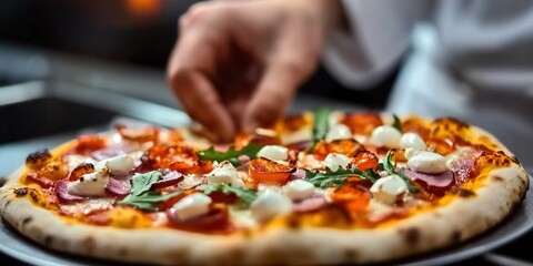 Chef adding herbs to a pizza, ready to be served at a restaurant.