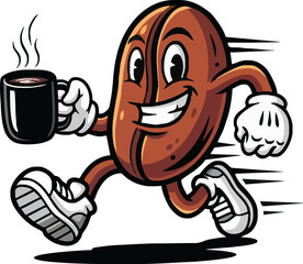 A cheerful coffee bean character sprints, carrying a steaming mug of coffee.