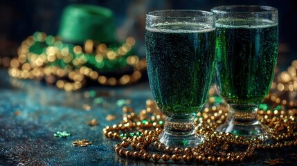 Two glasses of green beer surrounded by gold beads and decorations, with a green hat in the background, celebrating St. Patrick's Day.