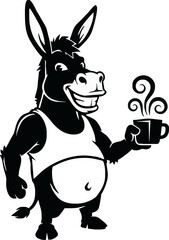 Cartoon donkey wearing a tank top, smiling, and holding a steaming cup of coffee.