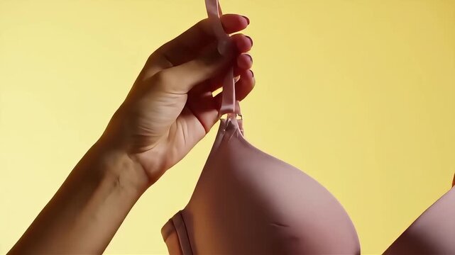 Adjusting a Soft Pink Bra Strap Against a Yellow Background
