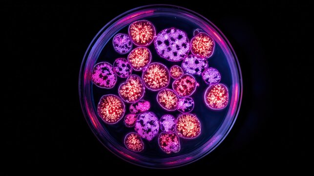 Glowing coral-like structures in neon pink and purple hues arranged in a petri dish against a black background, creating a striking, luminous display. - Powered by Adobe