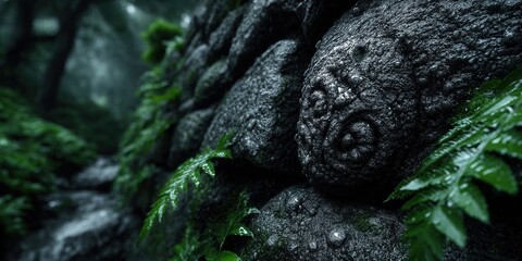 Obraz premium A detailed view of an ancient stone wall covered in moss and lush green ferns.