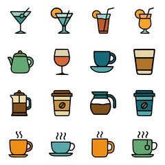 Collection of drink icons with hot coffee, iced cocktails, teapots, takeaway cups, and elegant glassware on white background