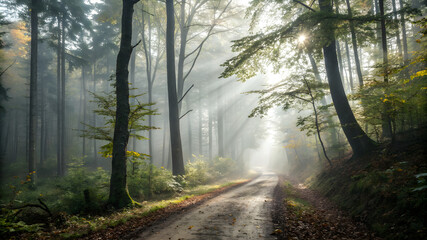 Obraz premium A serene dirt road cuts through a dense forest, flanked by towering trees and a peaceful natural setting