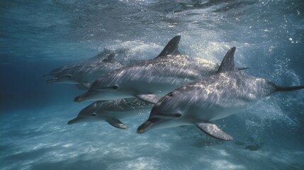 Fototapeta premium A pod of dolphins gracefully swims underwater in clear blue ocean waters, showcasing their smooth movements and streamlined bodies.