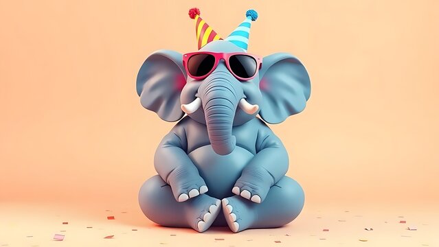 Cute 3D Cartoon Elephant Wearing Party Hats and Sunglasses Sitting on Peach Background with Confetti: Celebration and Fun