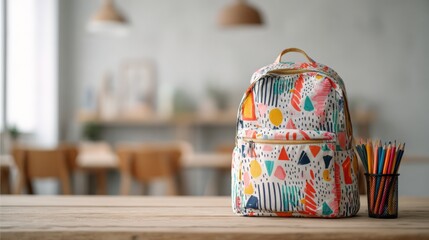 Colorful backpack and pencil holder on a wooden table in a classroom, with blurred chairs and hanging lights in the background.