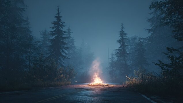 Foggy forest road, campfire
