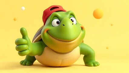 Fototapeta premium Cute 3D Cartoon Turtle Wearing Red Cap Giving Thumbs Up on Yellow Background – Happy Animal Character with Positive Gesture