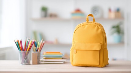 Yellow backpack and colorful stationery on a desk with blurred shelves in the background, symbolizing school and education.