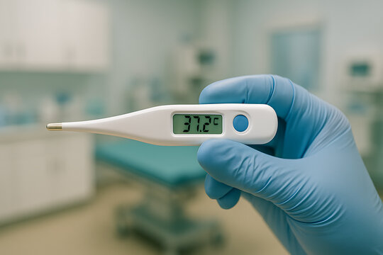 A gloved hand holds a digital thermometer displaying a normal body temperature of 37.2 degrees Celsius in a medical or clinical setting. - Powered by Adobe