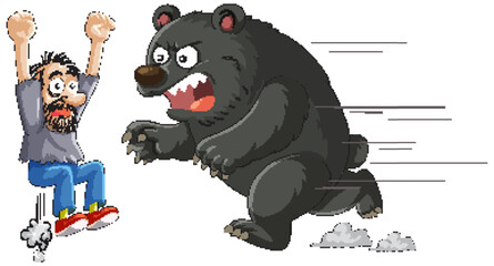 Frightened Man Running From Charging Angry Bear