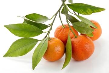 A cluster of ripe tangerines with vibrant green leaves attached to a thin branch presented against a clean white background showcasing natural freshness and healthy fruit