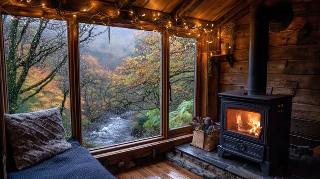 Cozy cabin interior with a wood-burning stove, overlooking a rainy autumn forest through large windows adorned with string lights.