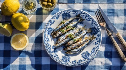 Grilled sardines on a decorative plate with lemons, olives, and a glass on a checkered tablecloth, evoking a Mediterranean dining experience.