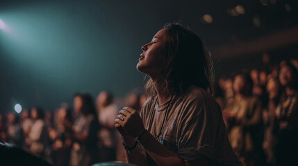 A young man is praying with his hands together.