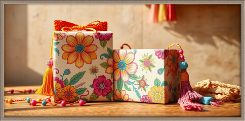Birthday cake with candles and colorful Christmas gift box on decorated table for celebration