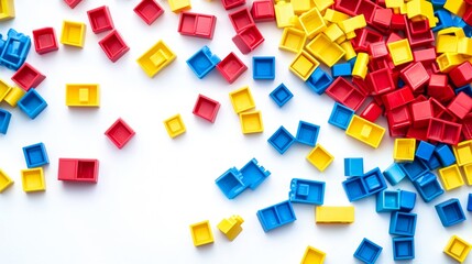 Colorful building blocks scattered across a white surface in a playful arrangement, perfect for creative play and learning