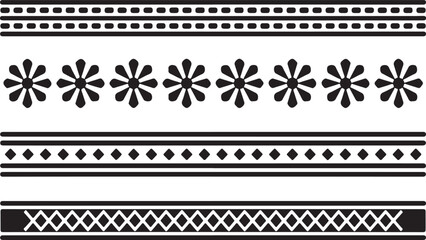 Set of Five Black-and-White Horizontal Decorative Borders Featuring Dots, Eight-Petal Flowers, Diamonds, Parallel Lines, and Cross-Hatch Patterns
