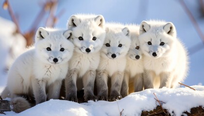 Obraz premium Showcasing the charming fluffiness of young arctic foxes against a snowy backdrop