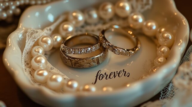 Elegant wedding rings displayed on a decorative dish with pearls and lace for a timeless romantic setting