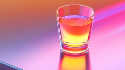 A short glass filled with vibrant, layered liquid sits on a reflective surface, bathed in colorful, neon light