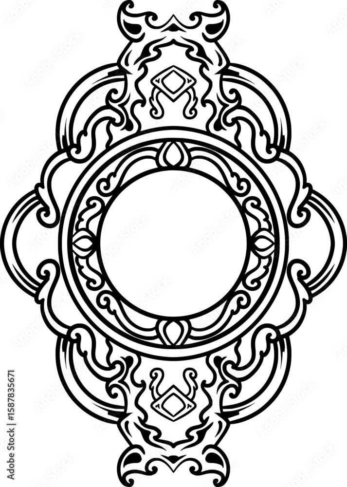 Poster black and white line art ornament frame design with an empty circle in the middle