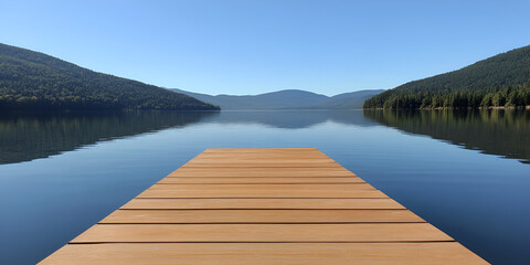 Serene view from a wooden dock overlooking a tranquil lake with mountain reflections.