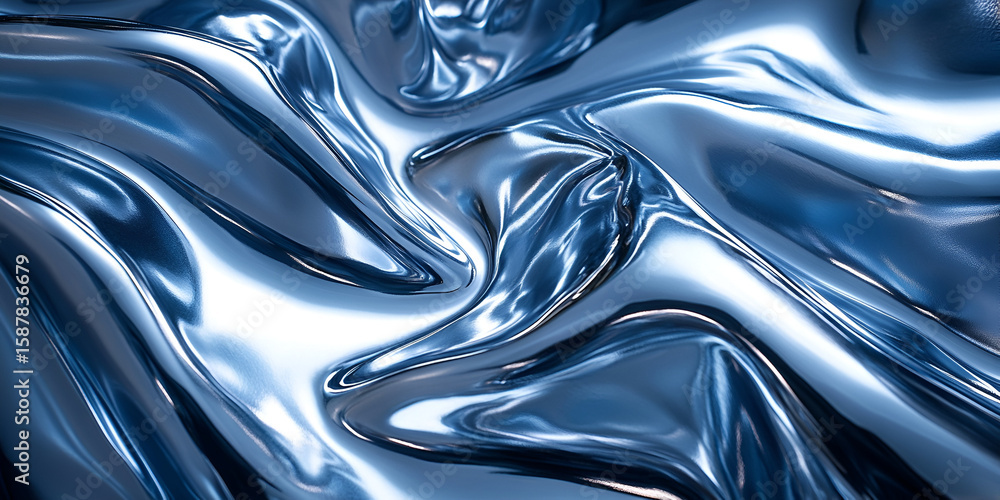 Poster a close-up view of a flowing, liquid blue metallic surface with glossy, wavy reflections creating an