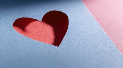 A close-up of a red heart cutout on blue and pink textured paper, casting a shadow, symbolizing love and creativity.