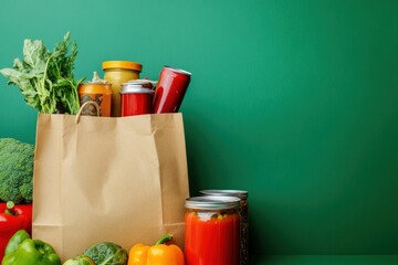 Paper bag filled with food donations on green background, canned goods and fresh veggies, mockup style