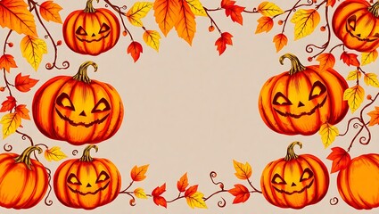 Halloween jack o lanterns and autumn leaves border design.