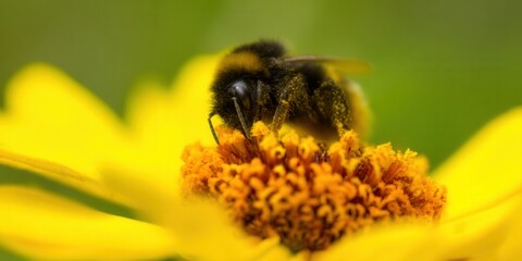 A busy bee collects pollen from a bright yellow flower in the summer sun.