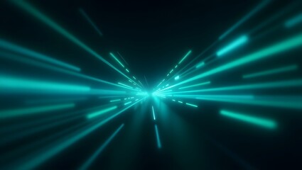 Teal light streaks converging into a bright central point abstract background