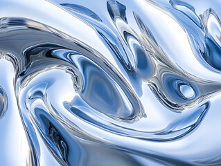 Abstract swirling blue and silver liquid forms create a dynamic and flowing composition.