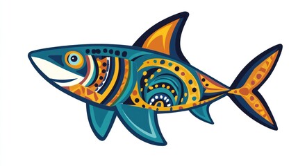 Fototapeta premium Ornate stylized shark design, teal, orange, and yellow patterns