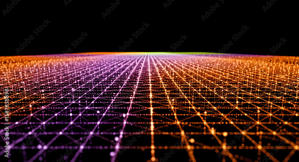 Poster abstract digital grid pattern with vibrant colors, extending into the distance.