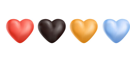 Collection of heart illustrations, Love symbol icon set, love symbol vector. 3D render of red heart, black, golden and blue hearts. Glossy modern icon for website