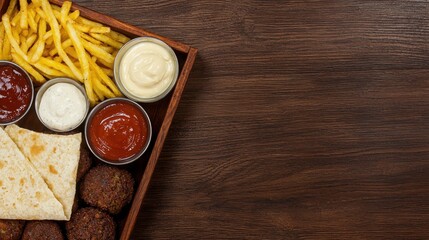Best-Ever Mediterranean Diet Lunches Concept. Delicious platter of crispy fries, flavorful sauces, falafel balls, and soft pita on wooden table