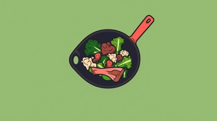 A skillet with stir-fried vegetables and meat