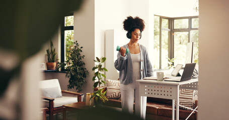 Woman, multitasking and headphones for remote work, dumbbell and research with laptop or...