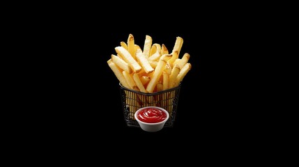 Golden, crispy French fries in a wire basket served with a small cup of ketchup