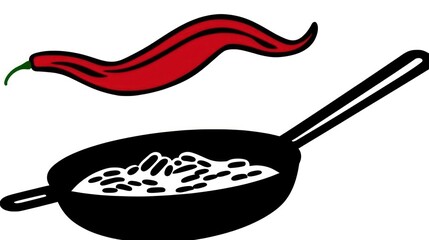 A red chili pepper floats above a skillet of simmering food